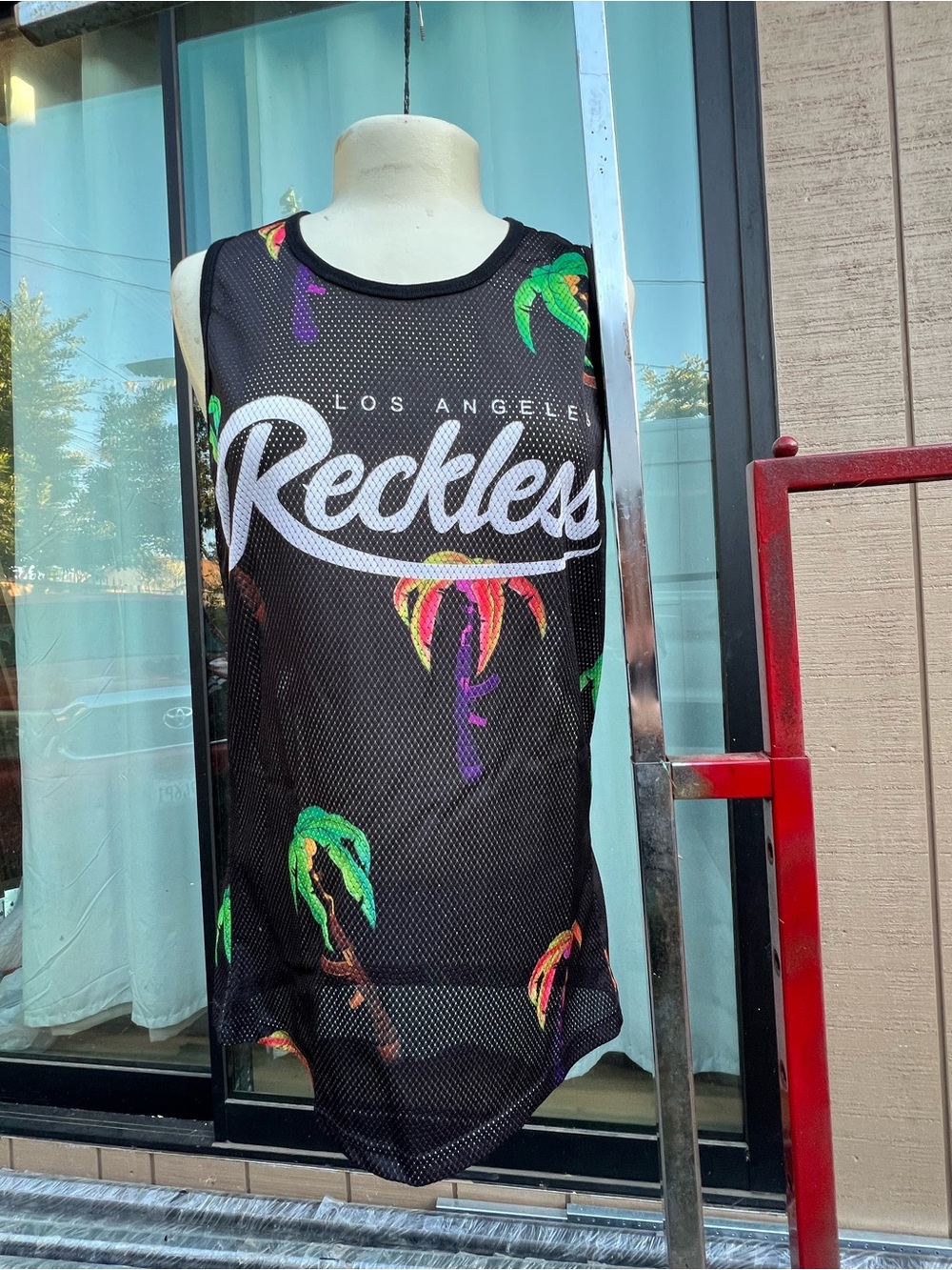 Reckless Los Angeles Black Mesh Tank with Multicolor Palm Accents